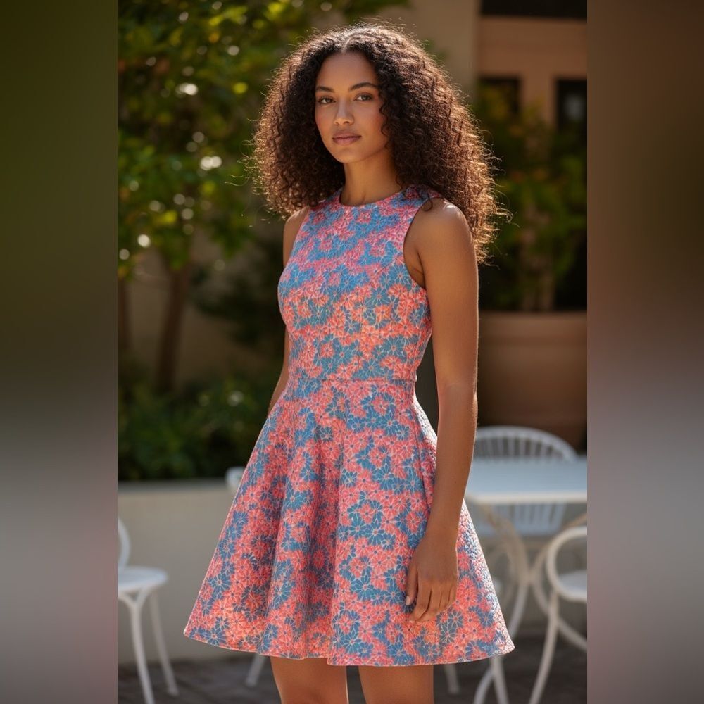 NWOT Un Deux Trois Girls Pink Blue Floral Sleeveless Lined Dress - Size 16